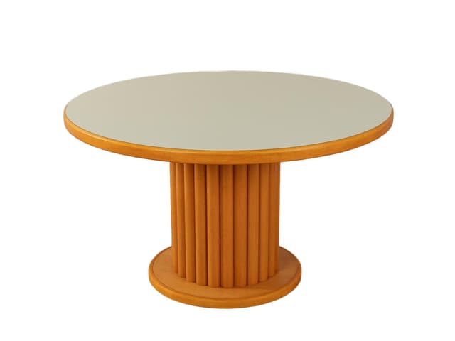 Stół jadalniany okrągły, kremowy blat formica, buk brązowy, Flötotto, Niemcy, lata 80. - WYMIARY