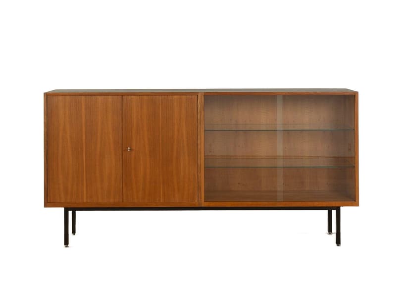 Kredens, orzech brązowy, szkło, stal czarna, Niemcy, lata 60.