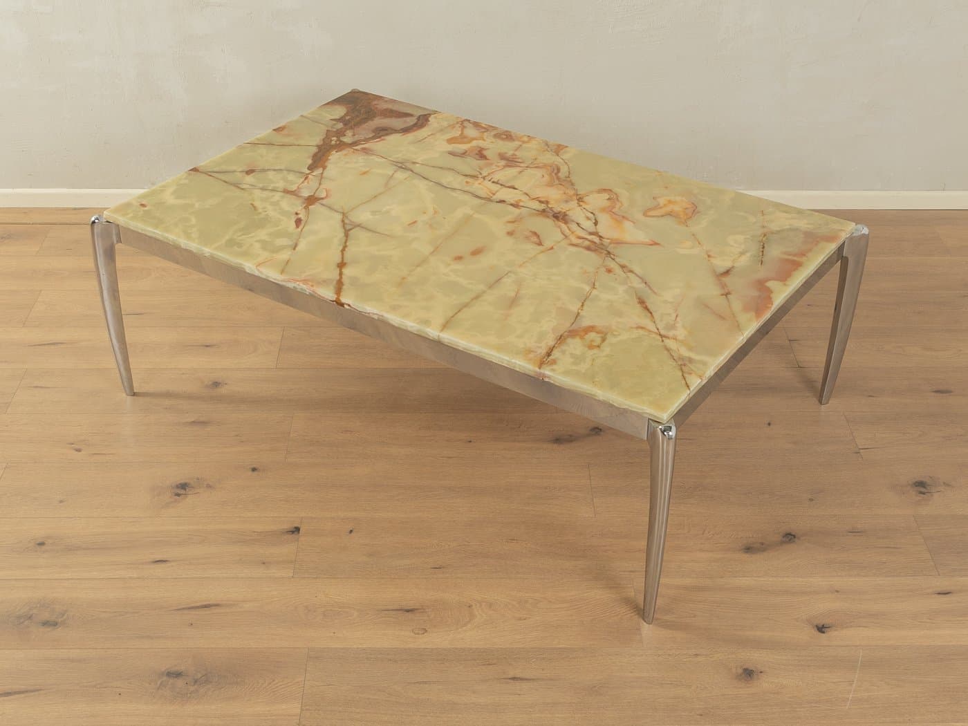 Stolik kawowy Onyx, onyks brązowy kremowy, stal nierdzewna chromowana srebrna, Niemcy, lata 60. - 283721