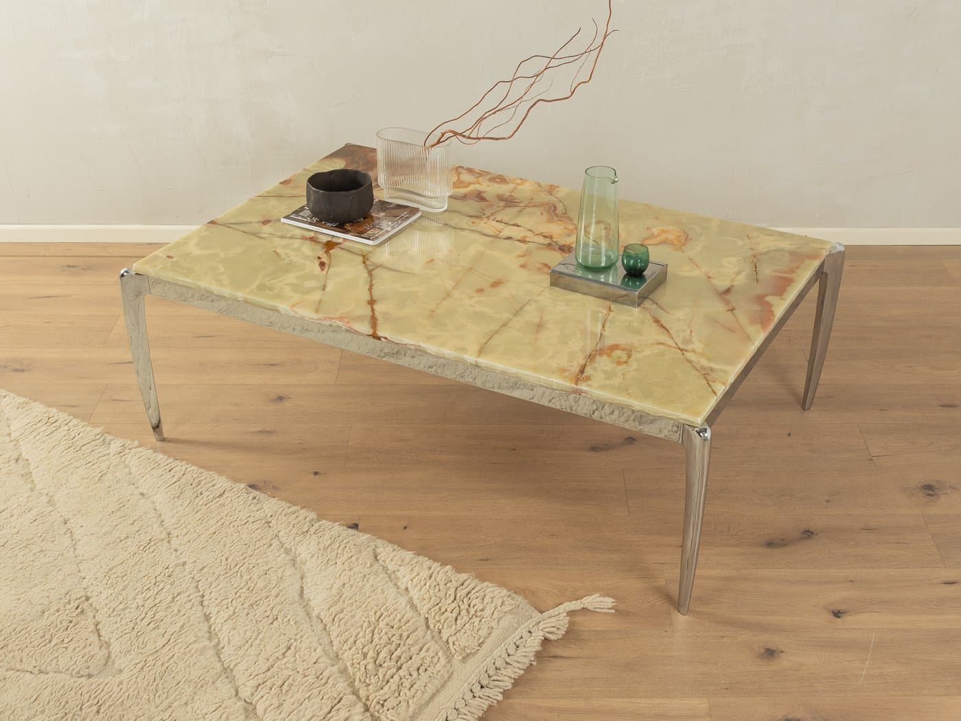 Stolik kawowy Onyx, onyks brązowy kremowy, stal nierdzewna chromowana srebrna, Niemcy, lata 60. - 283715