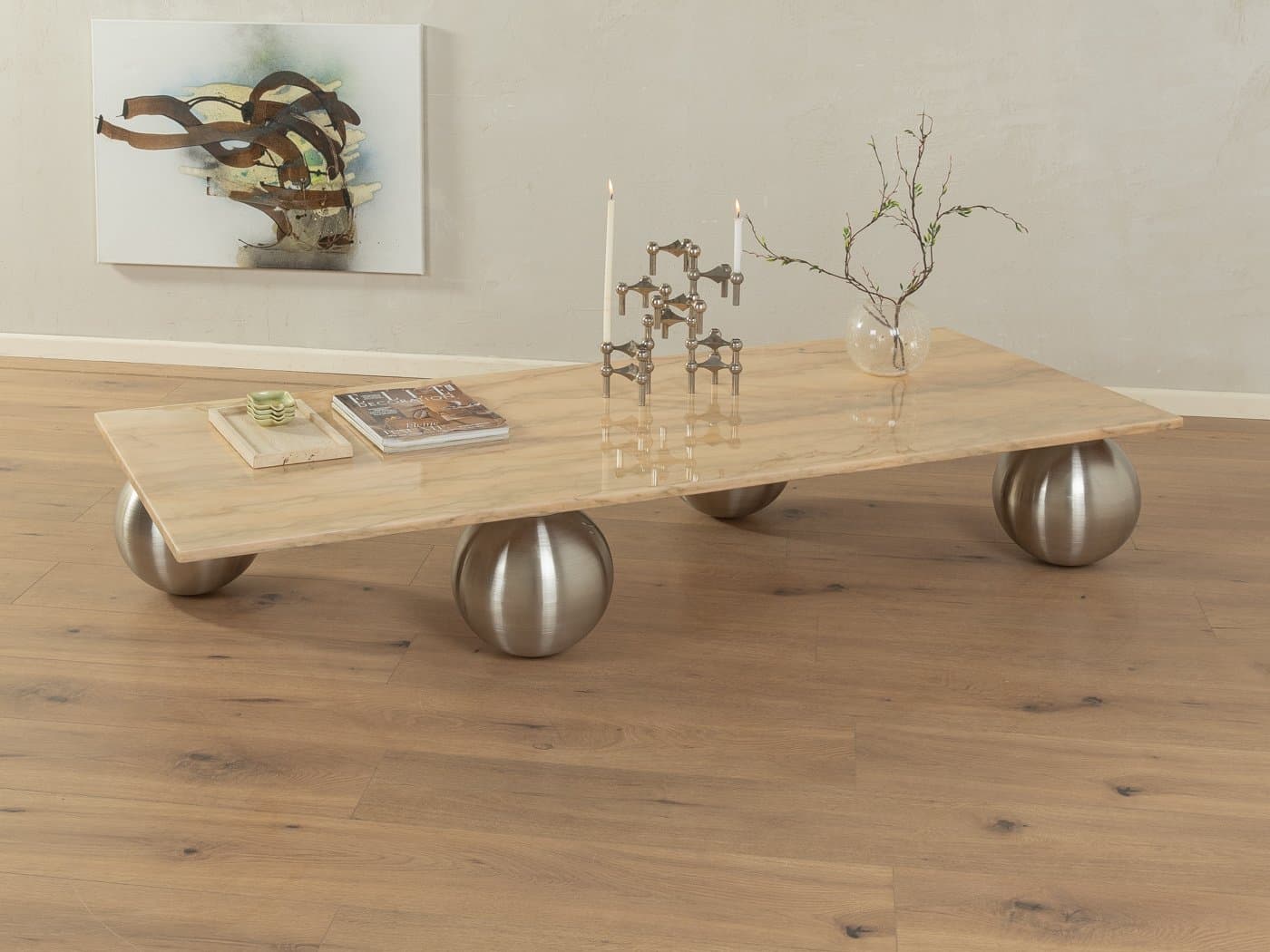 Stolik kawowy, marmur beżowy, stal nierdzewna srebrna, Niemcy, lata 60. - 283705