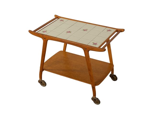 Barek na kółkach brązowy, buk, teak, Niemcy, lata 50. - WYMIARY