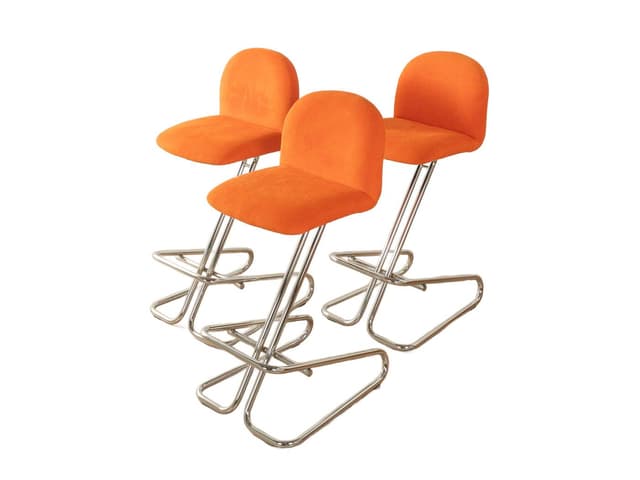 Zestaw trzech hokerów barowych Space Age, velvet pomarańczowy, stal nierdzewna chromowana, Niemcy, lata 70. - WYMIARY