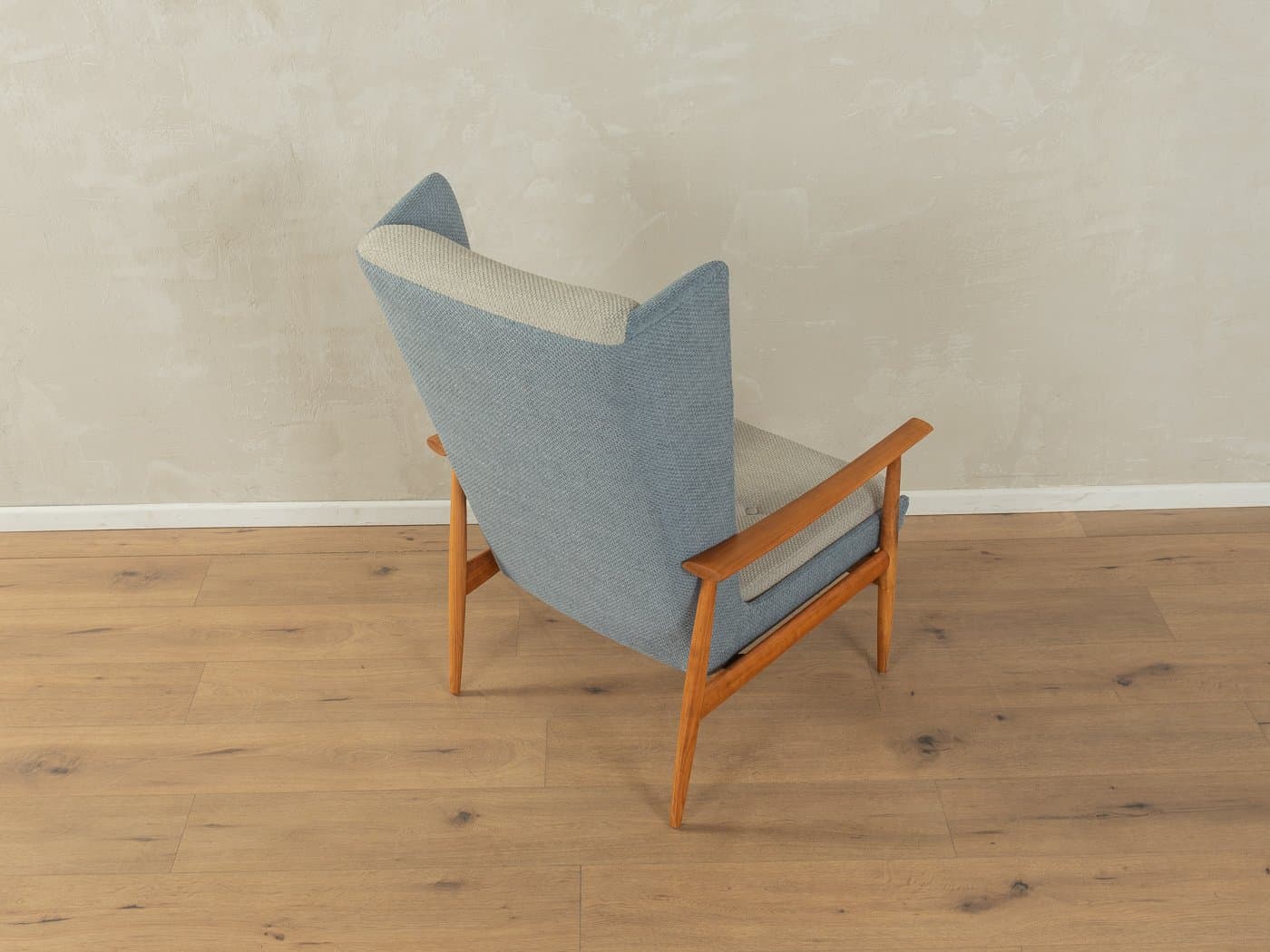 Fotel wing chair, niebieski szary, bawełna, wiśnia brązowy, Niemcy, lata 50. - 283568