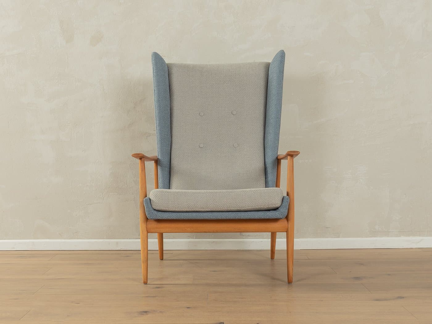 Fotel wing chair, niebieski szary, bawełna, wiśnia brązowy, Niemcy, lata 50. - 283569