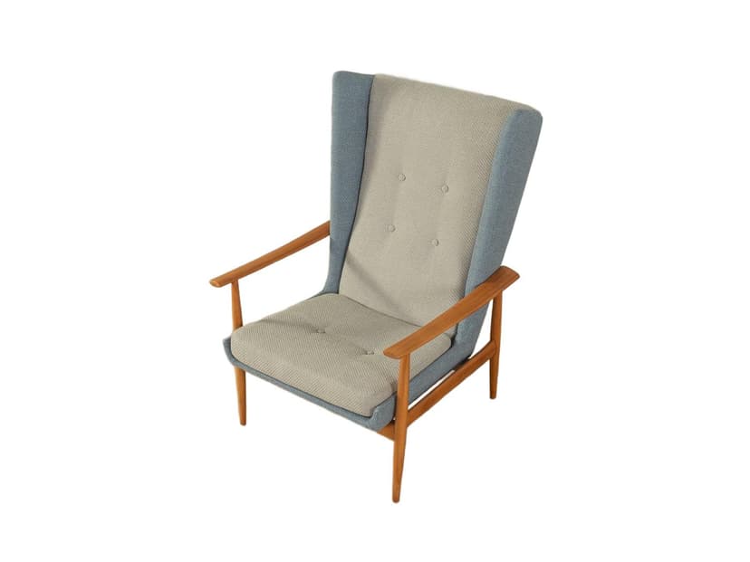 Fotel wing chair, niebieski szary, bawełna, wiśnia brązowy, Niemcy, lata 50.