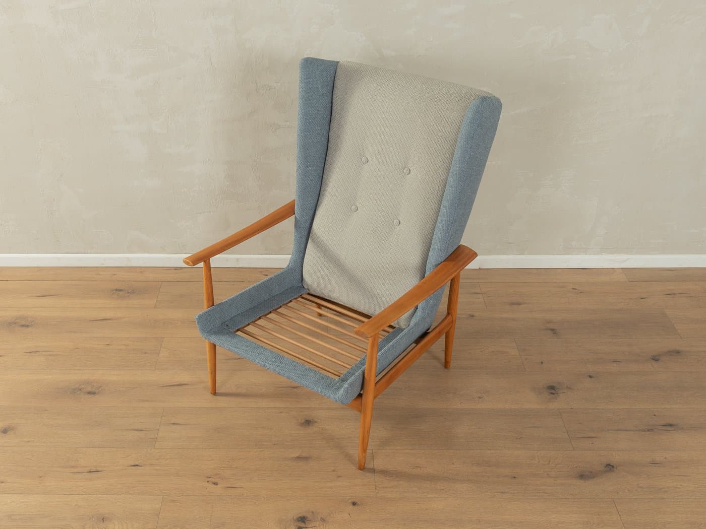 Fotel wing chair, niebieski szary, bawełna, wiśnia brązowy, Niemcy, lata 50. - 283570