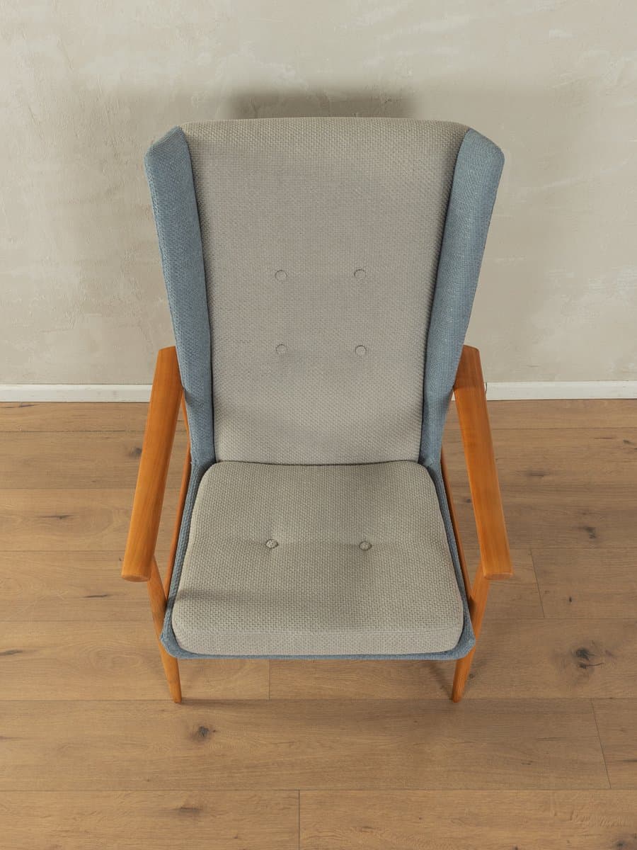 Fotel wing chair, niebieski szary, bawełna, wiśnia brązowy, Niemcy, lata 50. - 283571