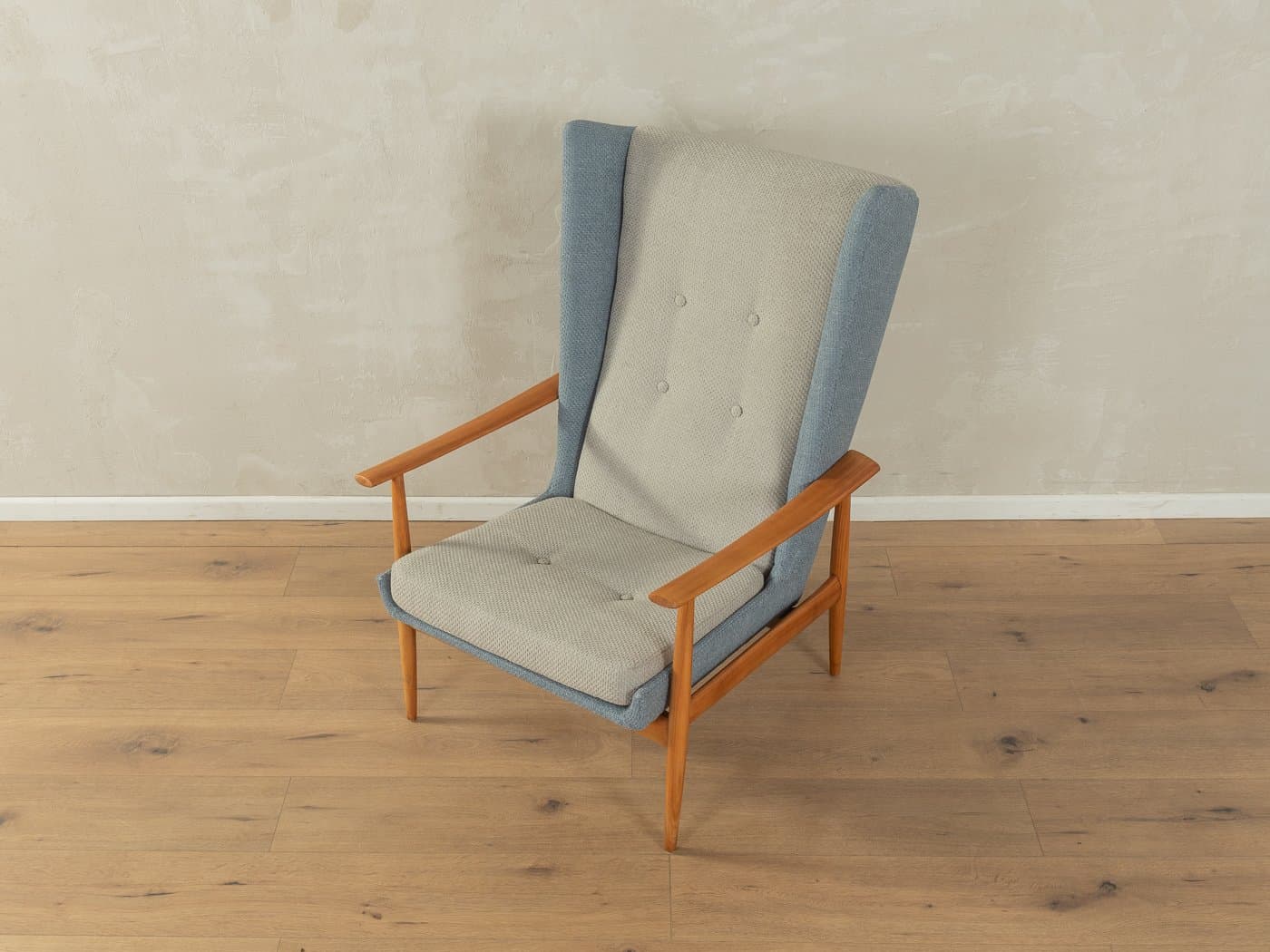 Fotel wing chair, niebieski szary, bawełna, wiśnia brązowy, Niemcy, lata 50. - 283574