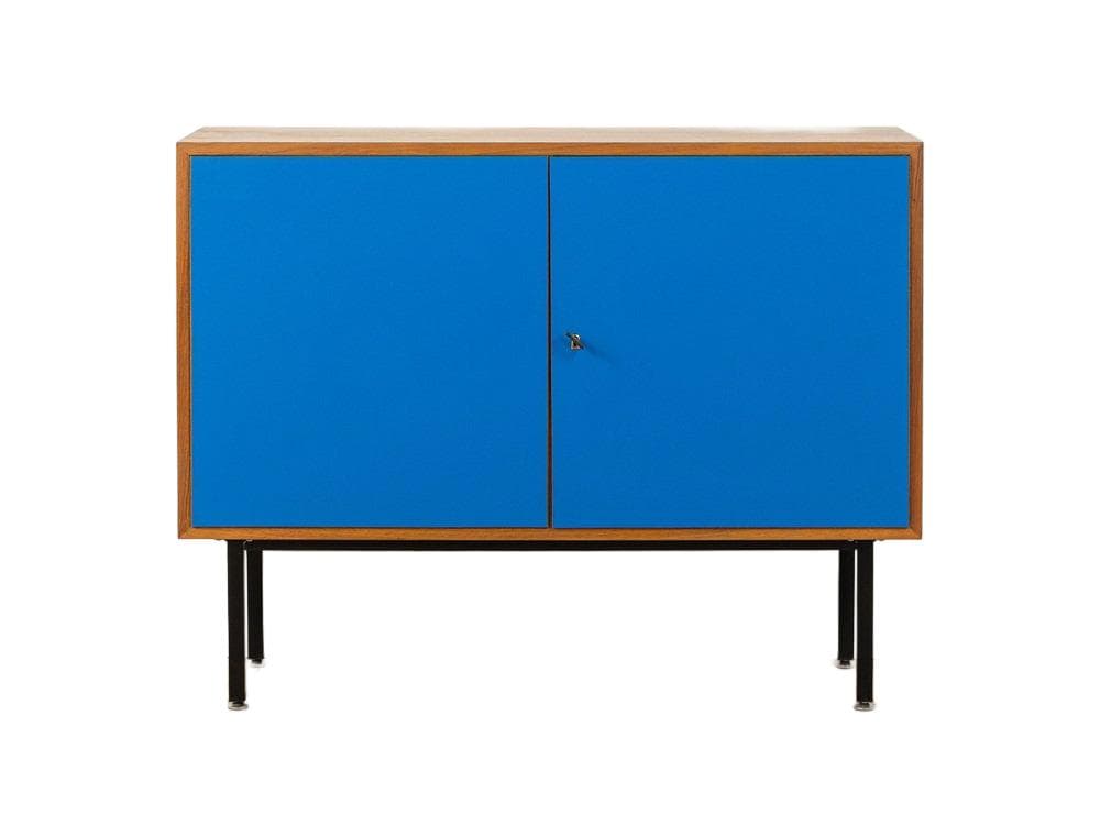 Komoda, lazurowy niebieski, orzech, stal czarna, Niemcy, lata 60.