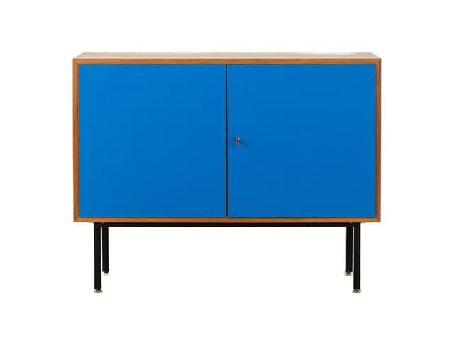 Komoda, lazurowy niebieski, orzech, stal czarna, Niemcy, lata 60. - WYMIARY