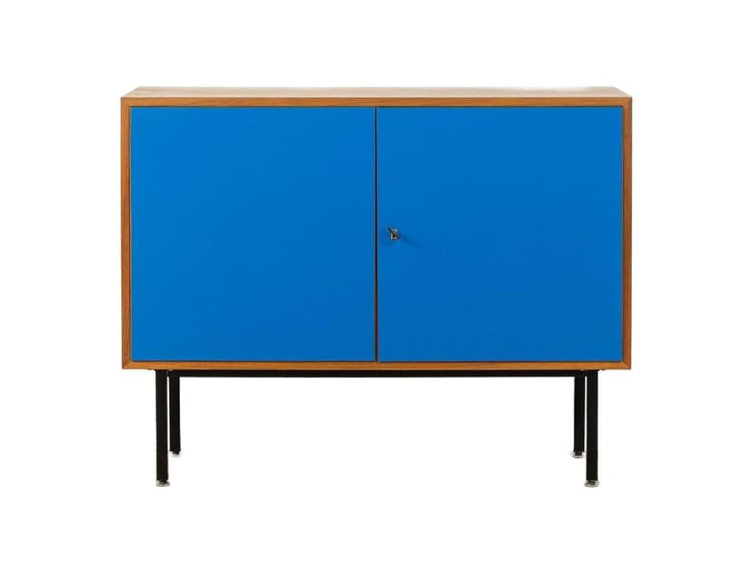 Komoda, lazurowy niebieski, orzech, stal czarna, Niemcy, lata 60.