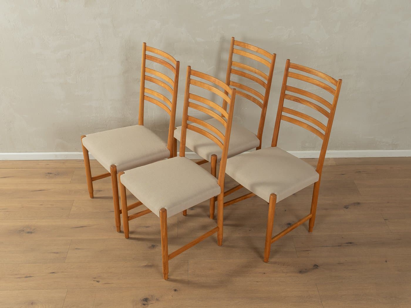 Zestaw czterech krzeseł jadalnianych, buk jasny, bawełna beżowa, Dania, lata 60. - 283806