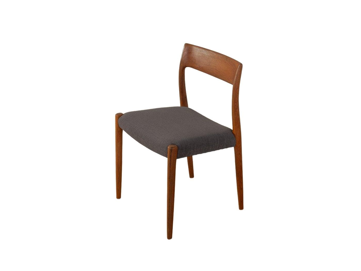 Krzesło jadalniane Model 77, teak brązowy, tkanina szara, proj. N. O. Møller, J.L. Møllers Møbelfabrik, Dania, lata 50.