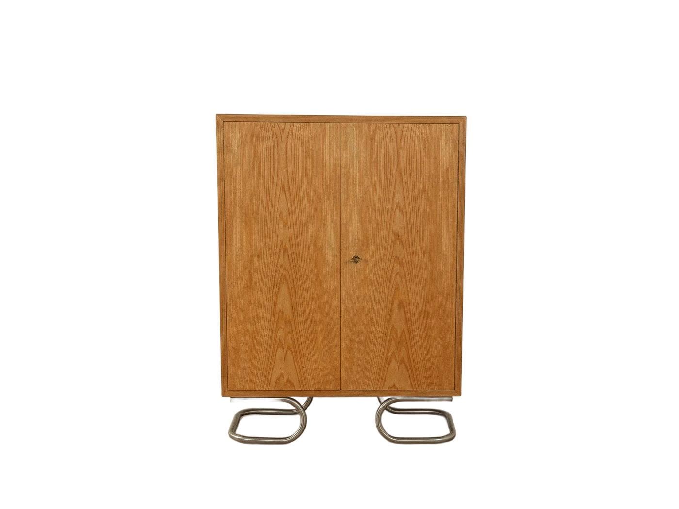 Komoda Bauhaus, jesion brązowy, stal nierdzewna srebrna, proj. E. Stratmann, Niemcy, lata 50.