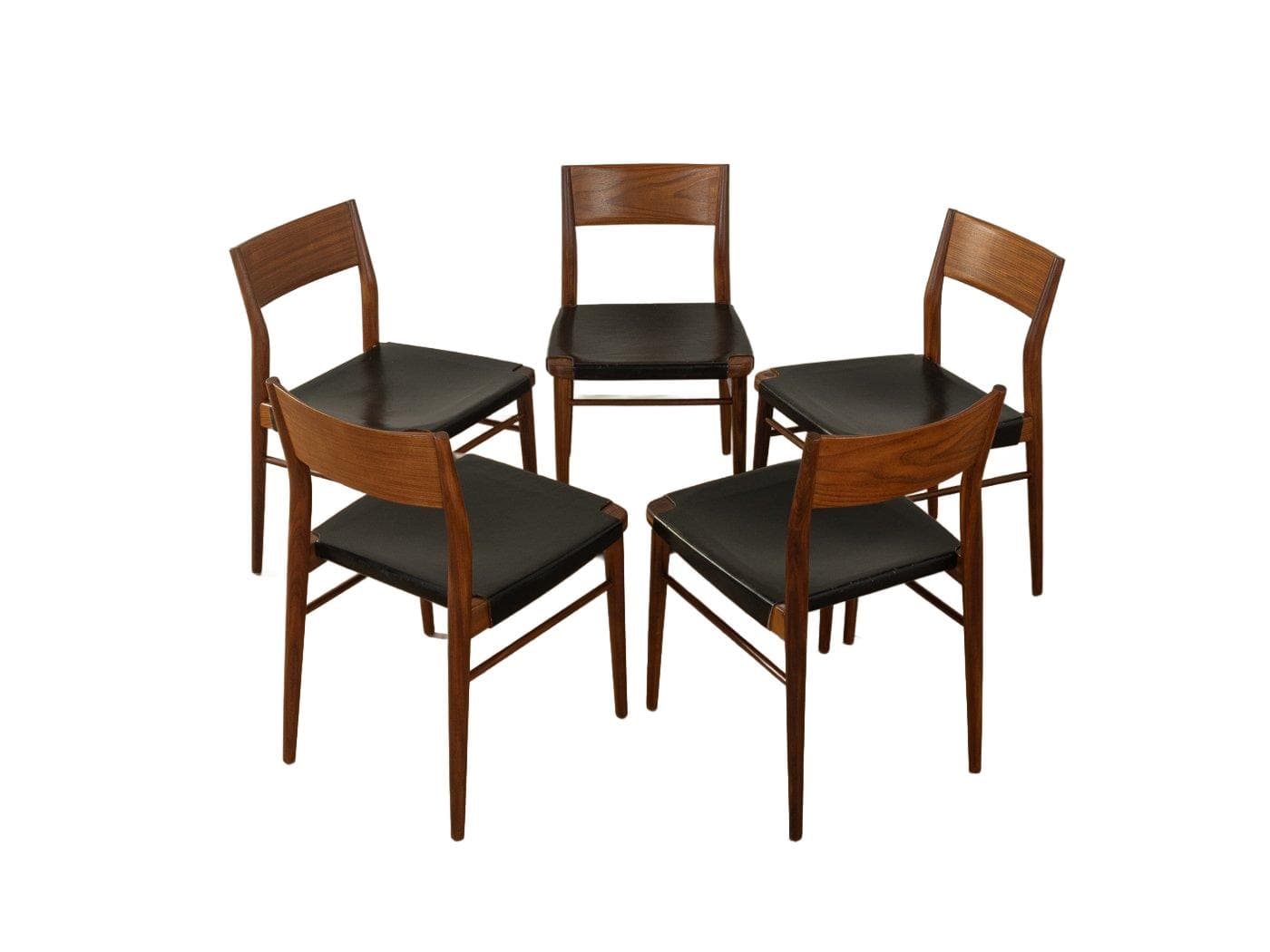 Zestaw pięciu krzeseł do jadalni, teak brązowy, skóra czarna, proj. G. Leowald, Niemcy, lata 50.