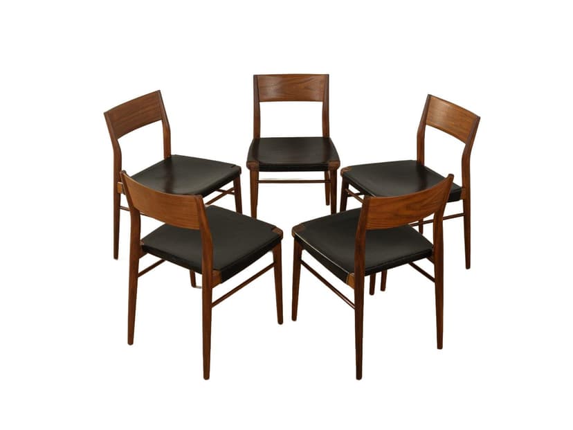 Zestaw pięciu krzeseł do jadalni, teak brązowy, skóra czarna, proj. G. Leowald, Niemcy, lata 50.