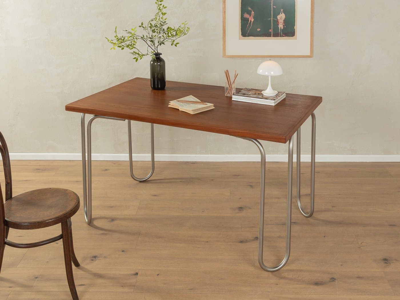 Desk Bauhaus, brown teak, silver stainless steel, Denmark, 1960s. - 284001