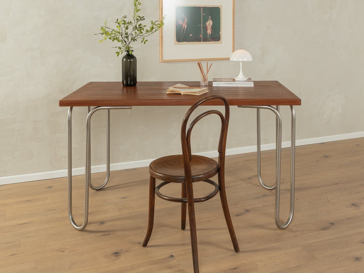 Desk Bauhaus, brown teak, silver stainless steel, Denmark, 1960s. - 284000