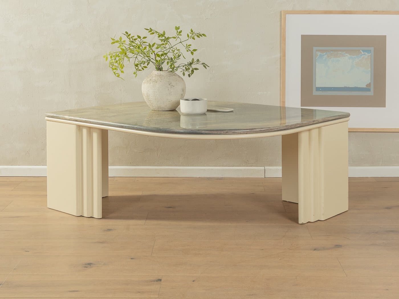 Stolik kawowy, beżowy marmur, drewno kremowy, Niemcy, lata 60. - 287022