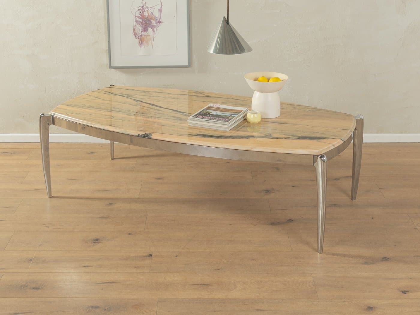 Stolik kawowy, marmur beżowy, stal nierdzewna srebrna, Niemcy, lata 60. - 287012