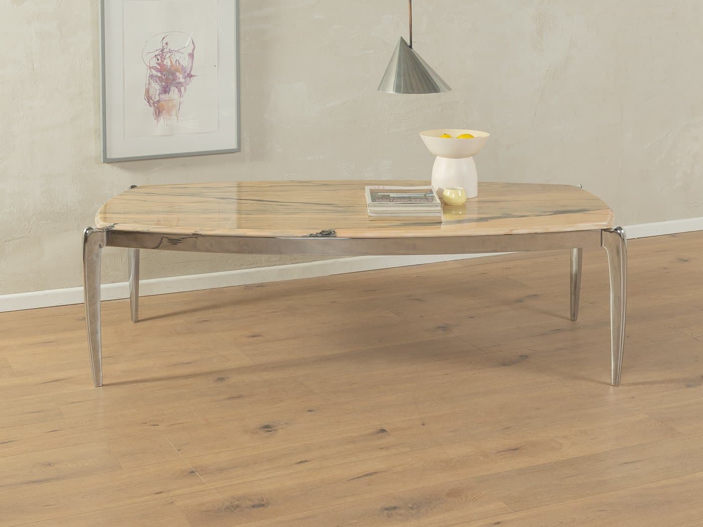 Stolik kawowy, marmur beżowy, stal nierdzewna srebrna, Niemcy, lata 60. - 287011