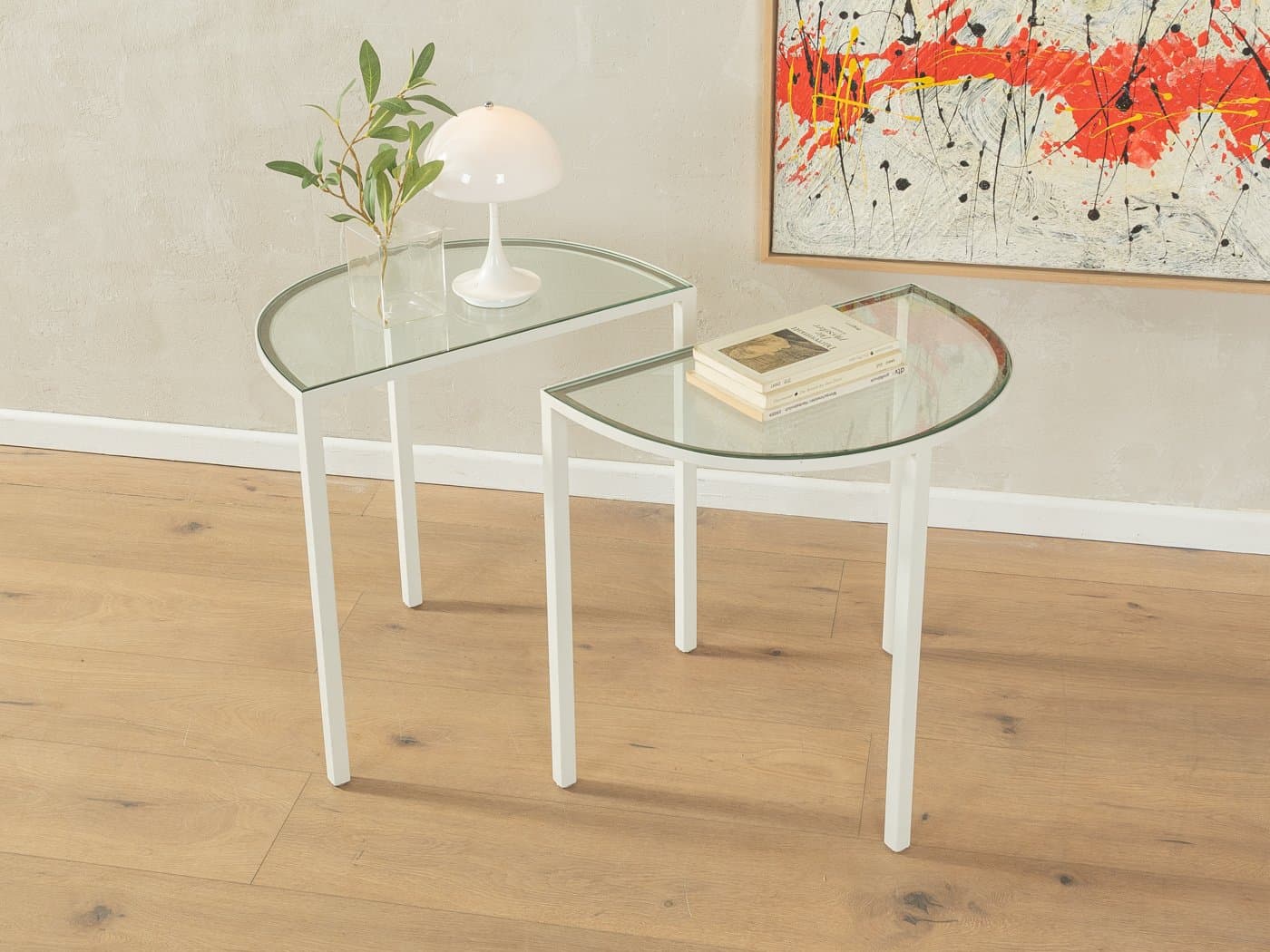 Zestaw dwóch stolików bocznych, szkło przezroczyste, metal biały, Niemcy, lata 80. - 286989