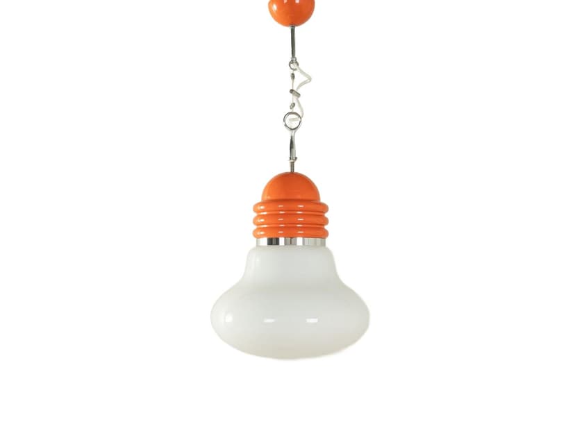 Lampa wisząca Arianna, szkło białe, metal pomarańczowy, proj. P. Brombin, Artemide, Niemcy, lata 70.
