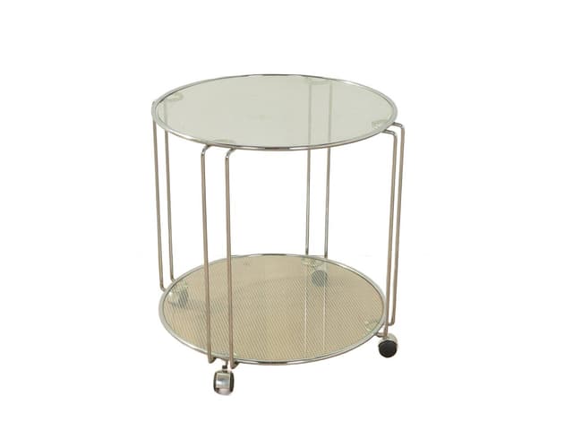 Stolik pomocniczy na kółkach, srebrny, stal nierdzewna, chrom, szkło, Niemcy, lata 80. - WYMIARY