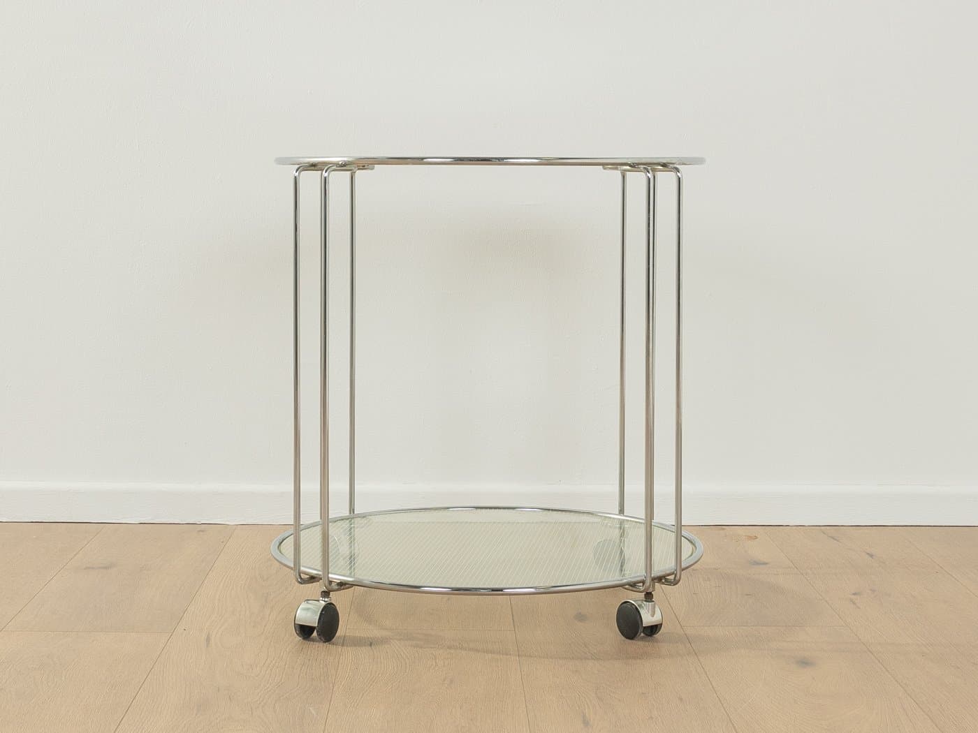 Stolik pomocniczy na kółkach, srebrny, stal nierdzewna, chrom, szkło, Niemcy, lata 80. - 286732