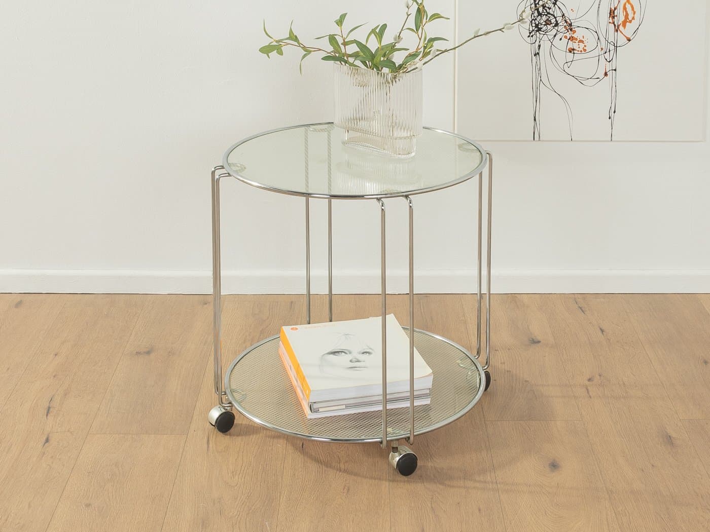 Stolik pomocniczy na kółkach, srebrny, stal nierdzewna, chrom, szkło, Niemcy, lata 80. - 286730