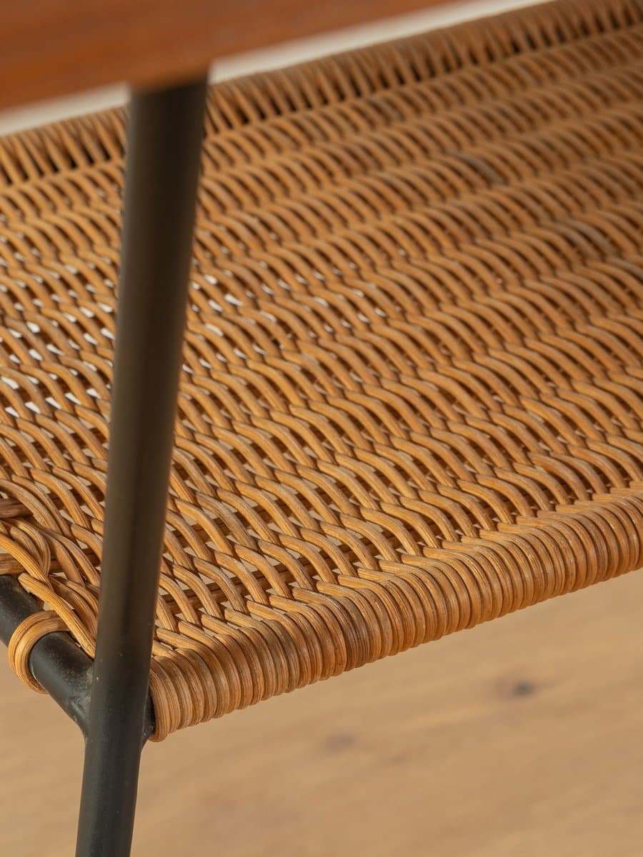 Stolik kawowy, teak brązowy, metal czarny, rafia, Niemcy, lata 50. - 286708