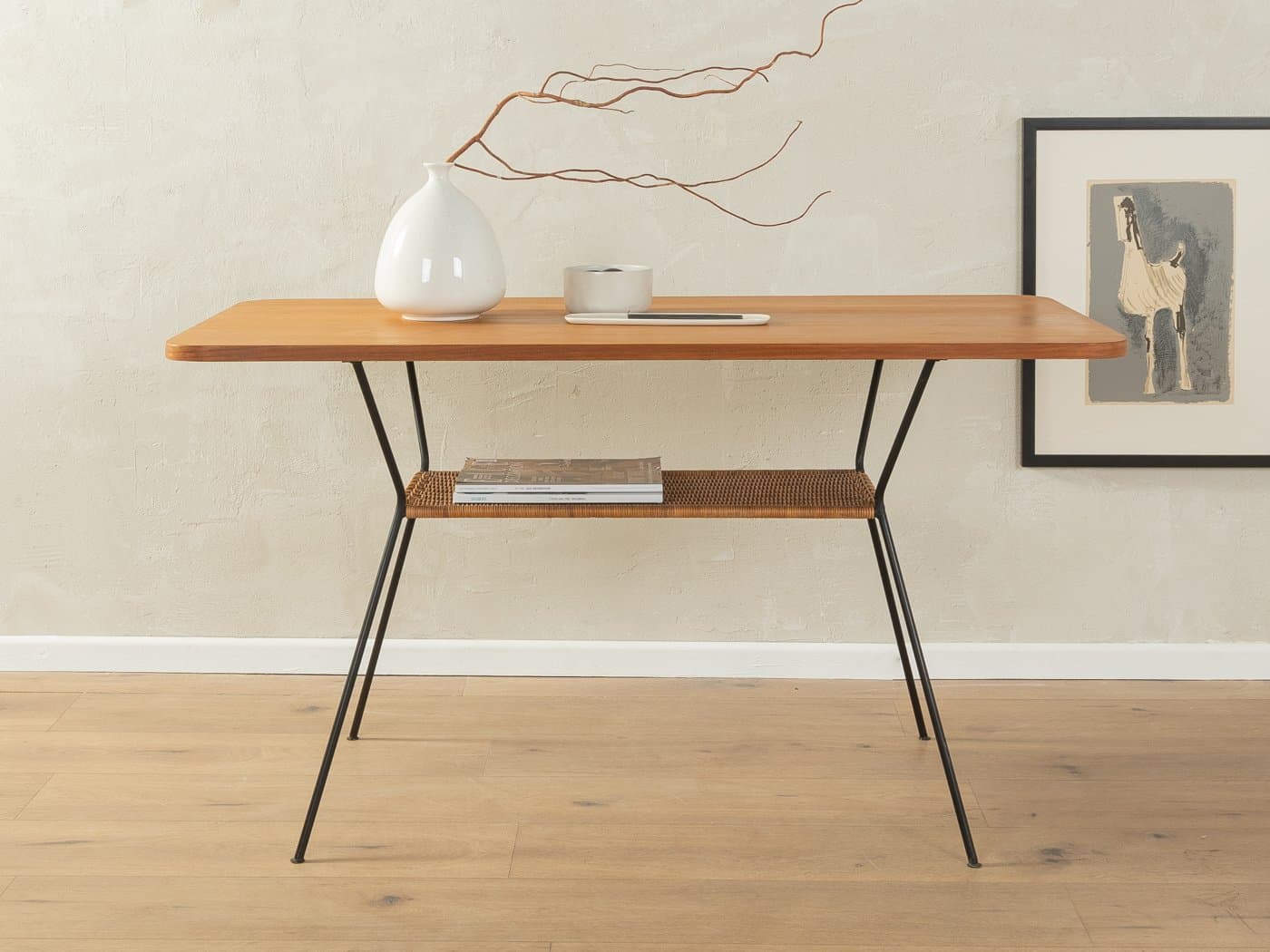 Stolik kawowy, teak brązowy, metal czarny, rafia, Niemcy, lata 50. - 286706