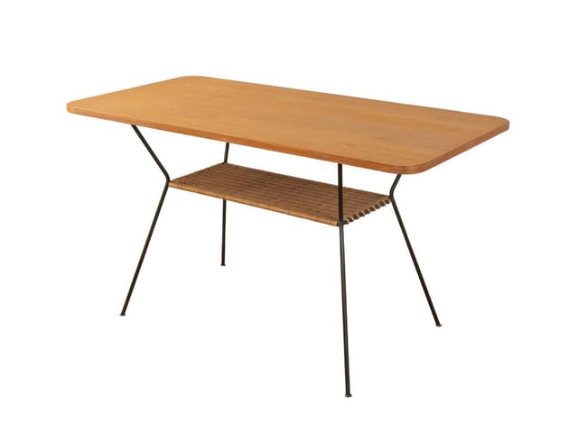 Stolik kawowy, teak brązowy, metal czarny, rafia, Niemcy, lata 50. - WYMIARY