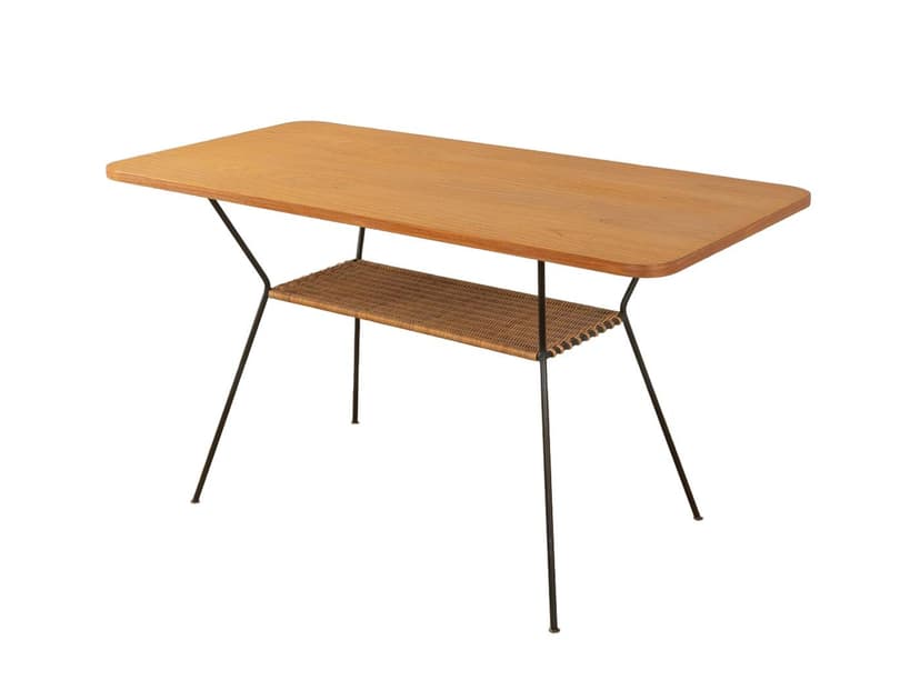 Stolik kawowy, teak brązowy, metal czarny, rafia, Niemcy, lata 50.