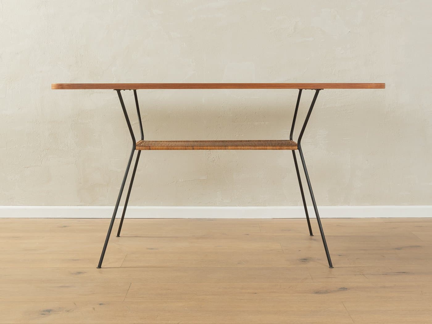 Stolik kawowy, teak brązowy, metal czarny, rafia, Niemcy, lata 50. - 286707