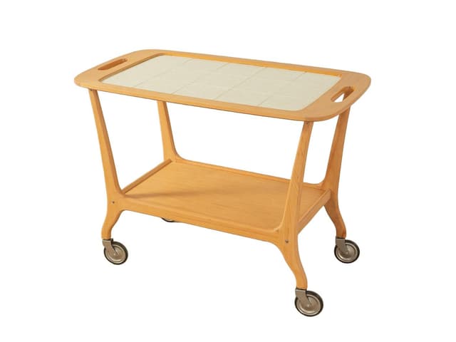 Barek na kółkach, jesion beżowy, metal, plastik, Niemcy, lata 50. - WYMIARY