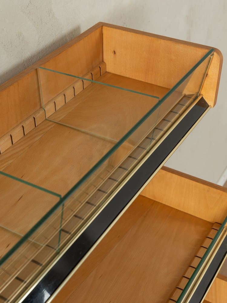 Witryna ekspozycyjna, brązowy, dąb szkło metal, Niemcy, lata 50. - 286680