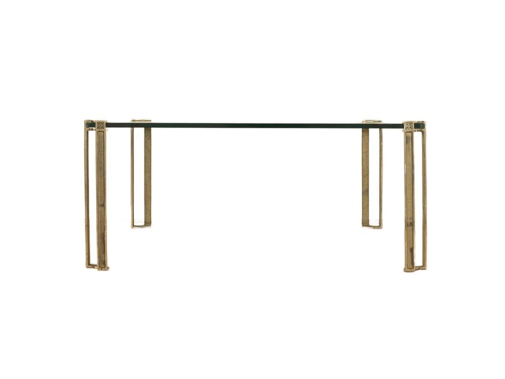 Coffee table T24V, transparent greenish glass, gold brass, by P. Ghyczy, Netherlands, 1970s.