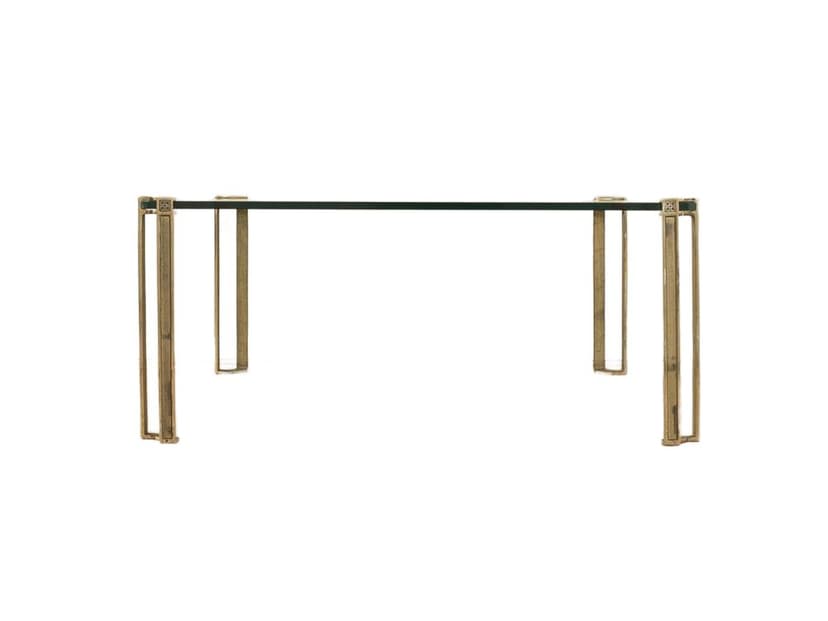 Coffee table T24V, transparent greenish glass, gold brass, by P. Ghyczy, Netherlands, 1970s.