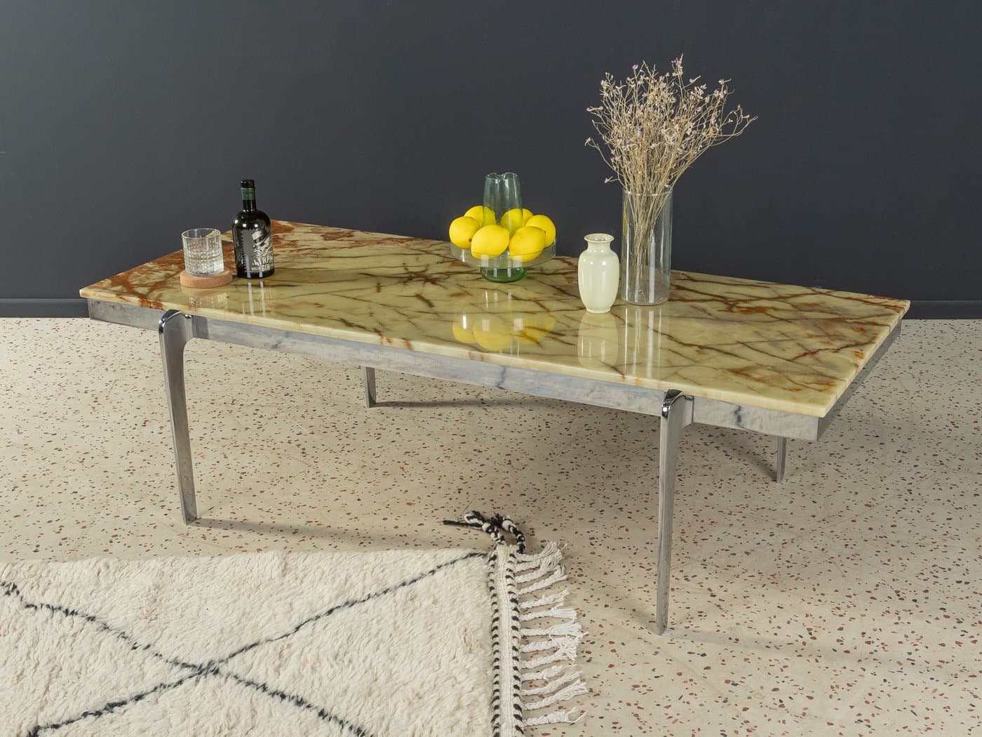 Stolik kawowy, onyks beżowy, stal nierdzewna srebrna, Niemcy, lata 60. - 286507