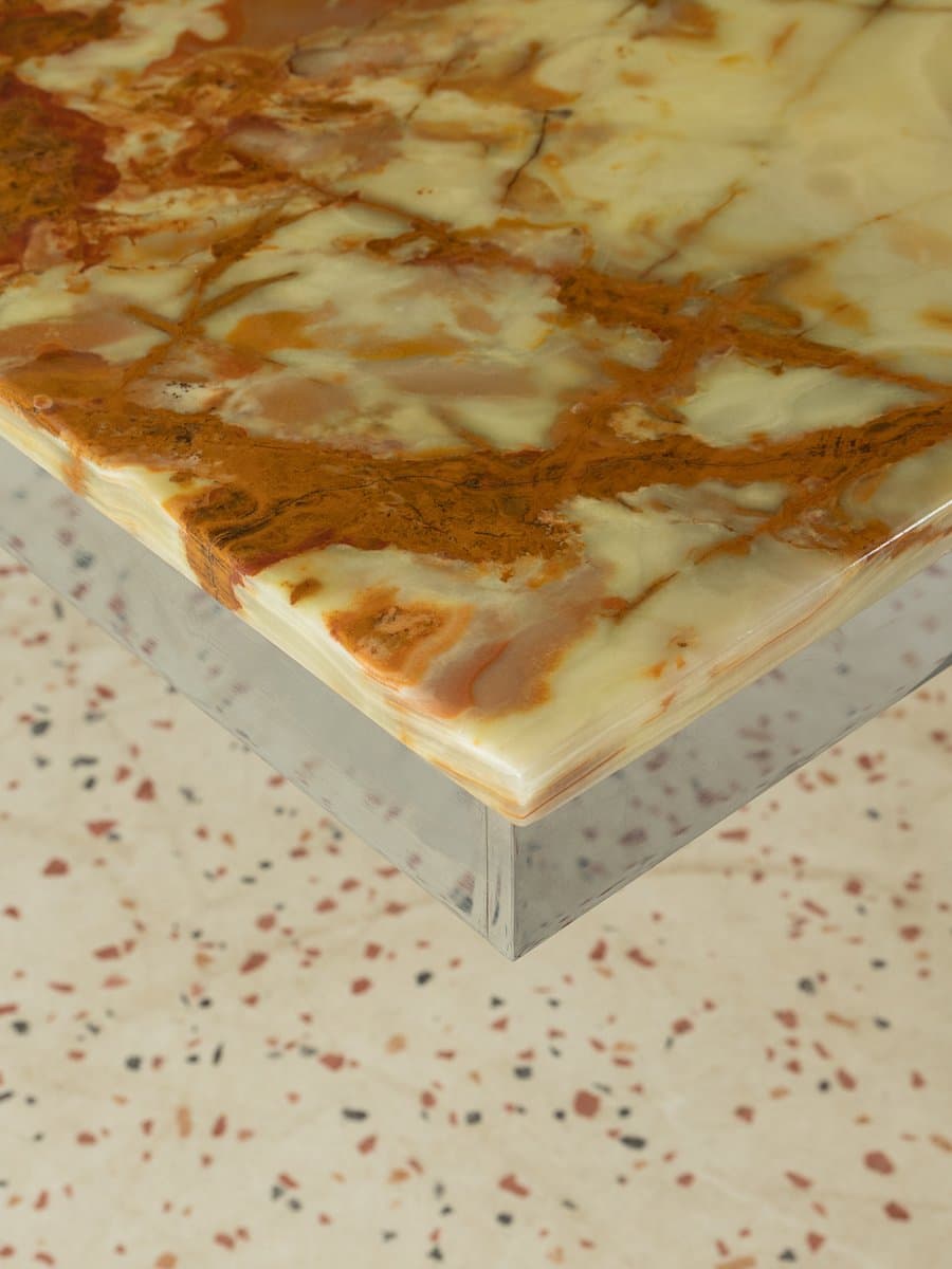 Stolik kawowy, onyks beżowy, stal nierdzewna srebrna, Niemcy, lata 60. - 286511