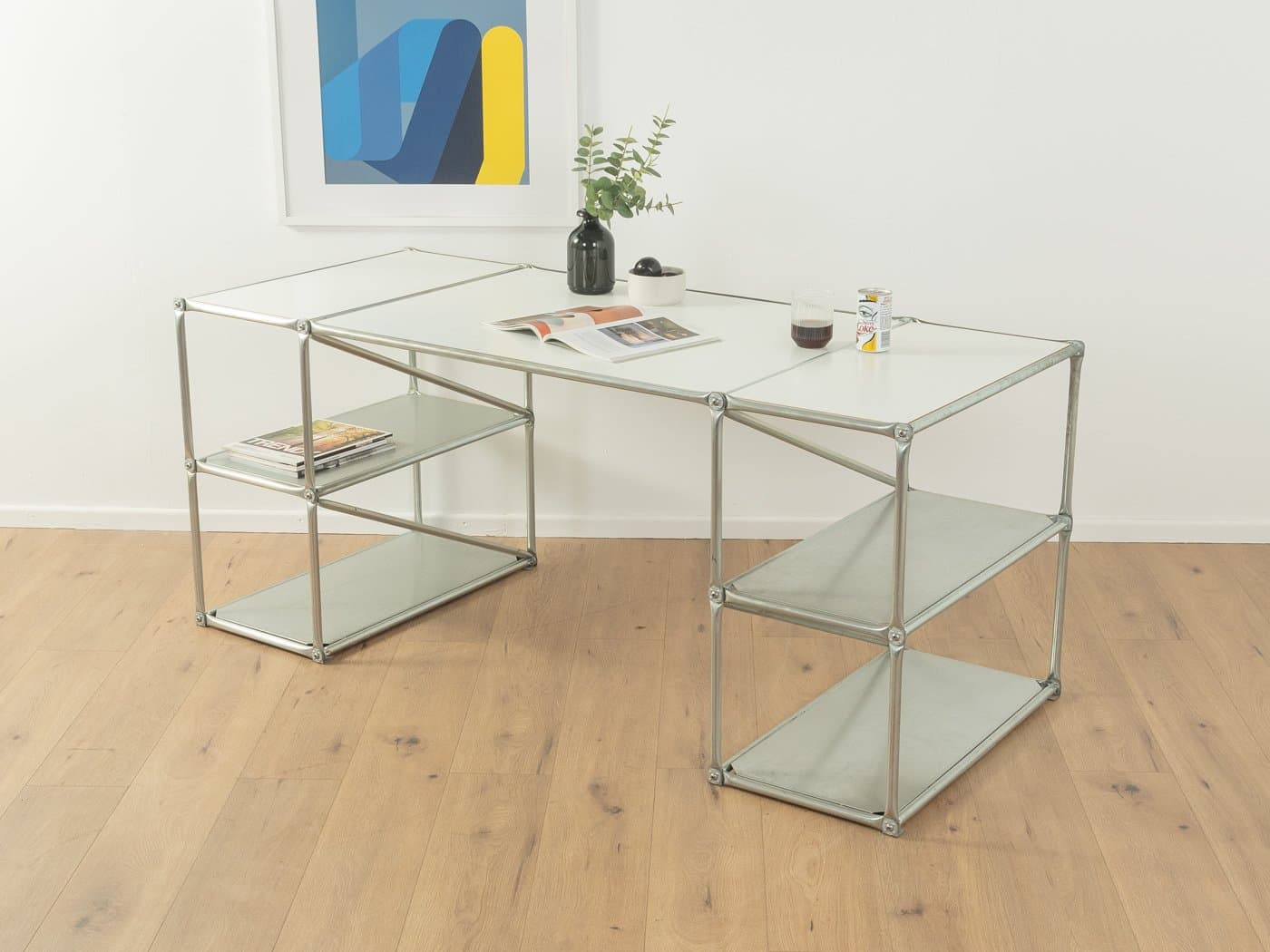 Desk System 180, silver stainless steel, white top, Germany, 1980s. - 286361