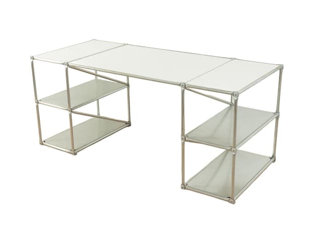 Desk System 180, silver stainless steel, white top, Germany, 1980s. - DIMENSION