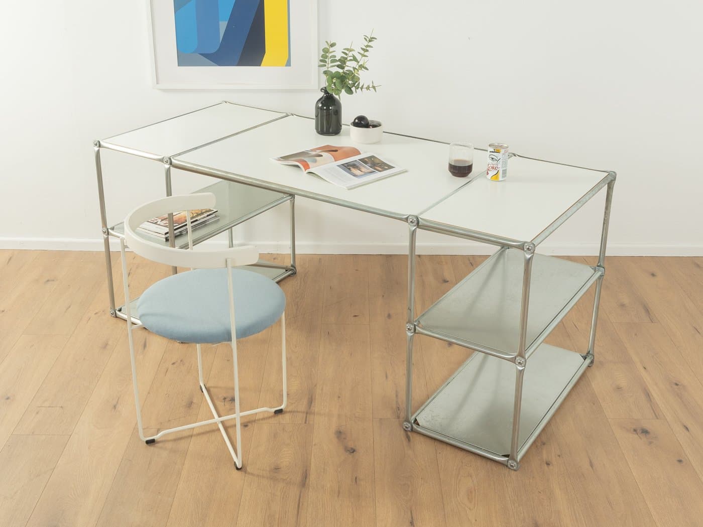 Desk System 180, silver stainless steel, white top, Germany, 1980s. - 286360