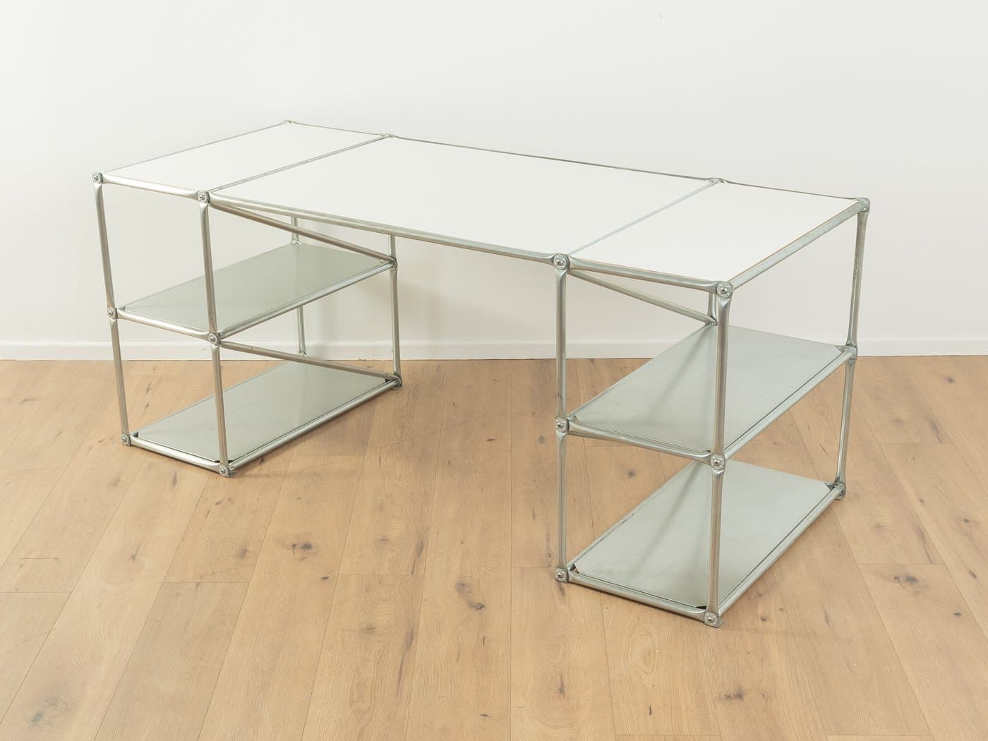 Desk System 180, silver stainless steel, white top, Germany, 1980s. - 286365