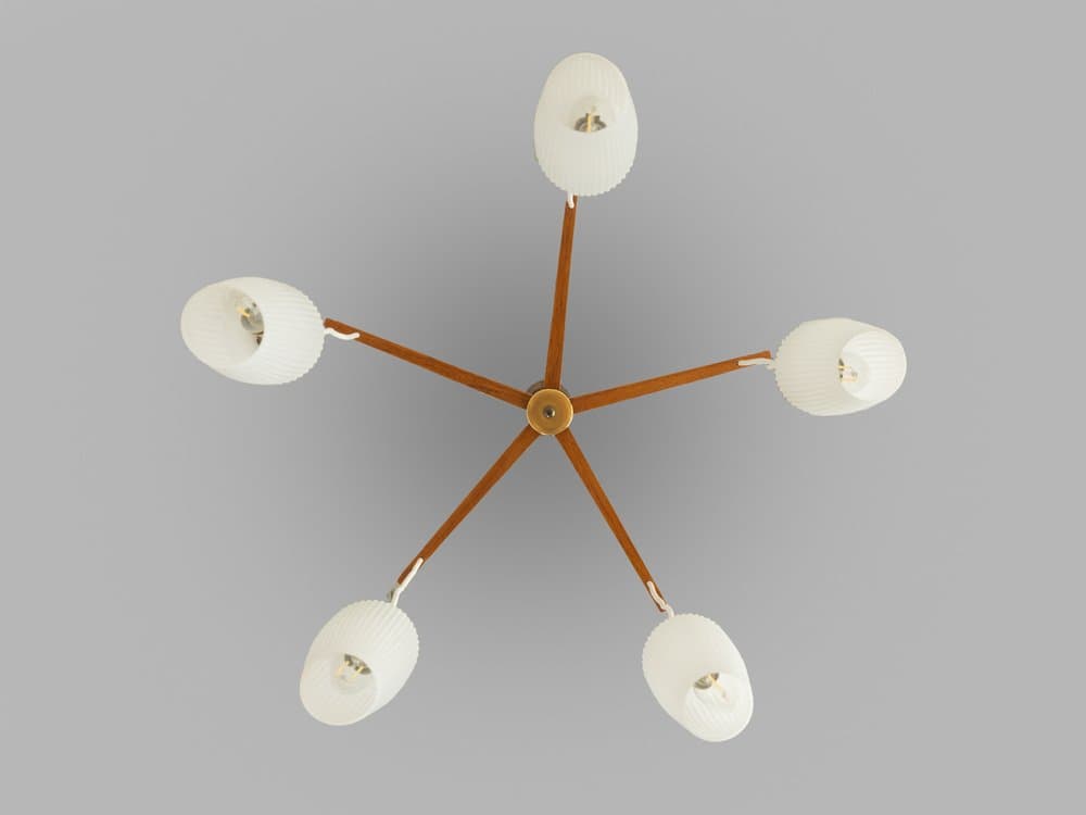 Pendant light, matte white glass, brown teak, Germany, 1960s. - 286041