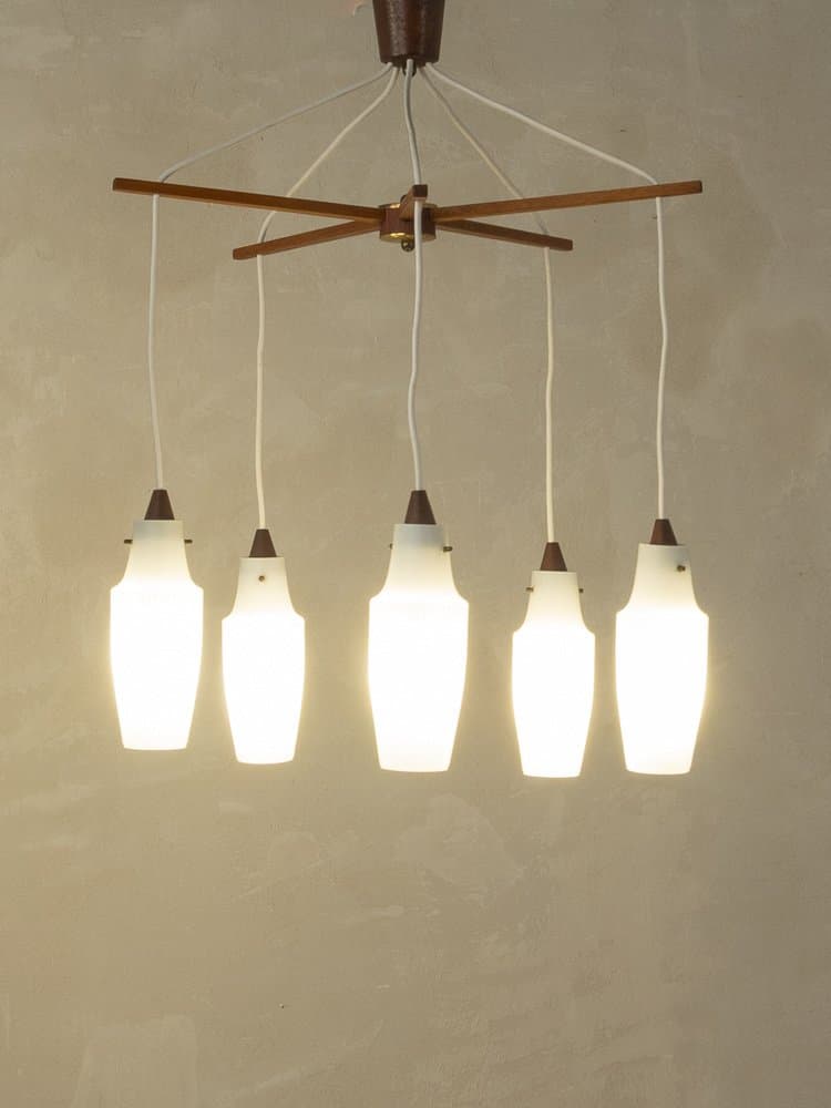 Pendant light, matte white glass, brown teak, Germany, 1960s. - 286045