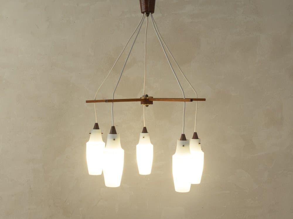 Pendant light, matte white glass, brown teak, Germany, 1960s. - 286040