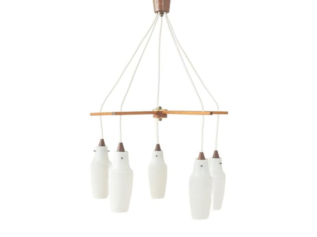 Pendant light, matte white glass, brown teak, Germany, 1960s. - DIMENSION